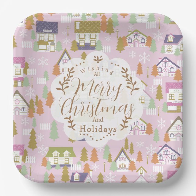 Christmas Houses Pink Paper Plates (Front)