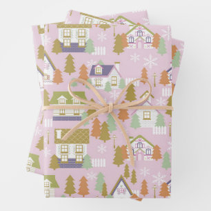 Christmas Houses Pink Wrapping Paper Sheets