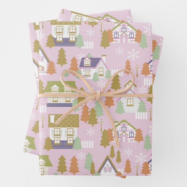 Christmas Houses Pink Wrapping Paper Sheets (In situ)