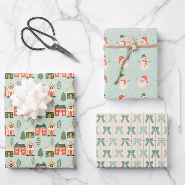 Christmas Houses, Santa Claus, Frosty, and Bows Wrapping Paper Sheets (Front)