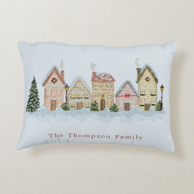 Christmas Houses Winter Street Scene Festive Blue Accent Pillow (Back)