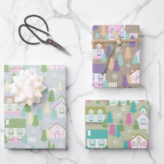 Christmas Houses Wrapping Paper Sheets (Front)