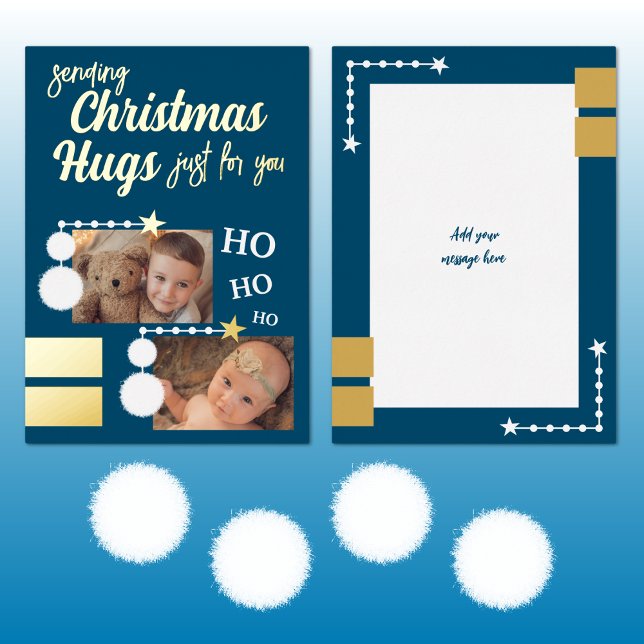 Christmas hugs add photos blue and white foil holiday card (Creator Uploaded)