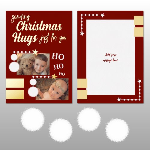 Christmas hugs add photos burgundy and white foil holiday card