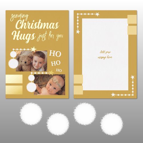 Christmas hugs add photos gold and white foil holiday card