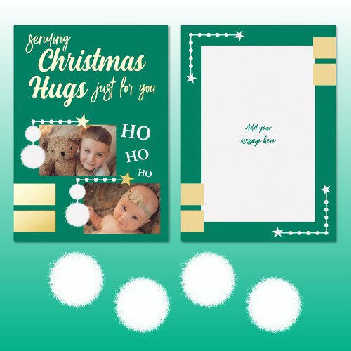 Christmas hugs add photos green and white foil holiday card