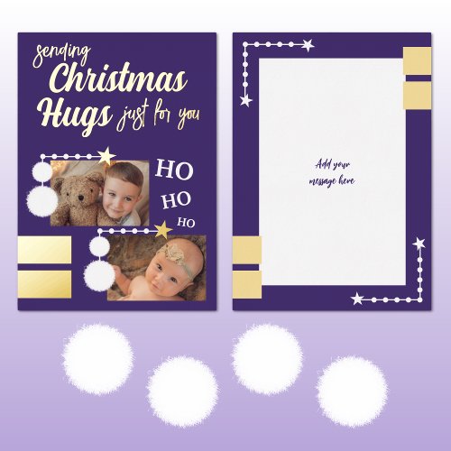 Christmas hugs add photos purple and white foil holiday card
