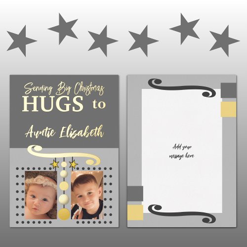 Christmas hugs auntie add photos gold grey foil holiday card