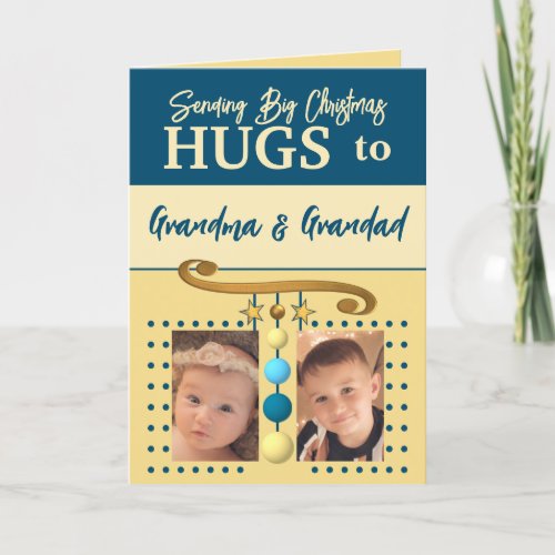 Christmas hugs for Grandparents blue and gold Holiday Card