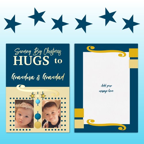 Christmas hugs Grandparents add photos gold blue Foil Holiday Card