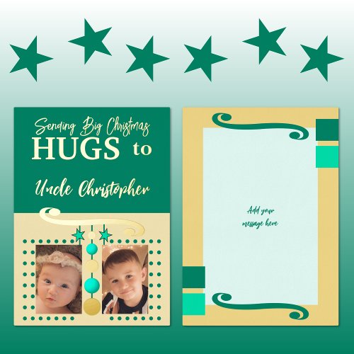 Christmas hugs uncle add photos gold green foil holiday card