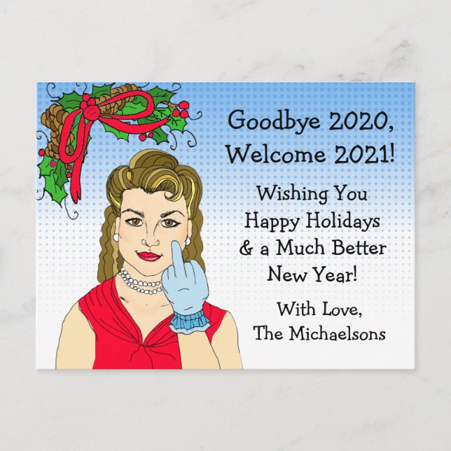 Christmas Humor Funny Retro Lady Flipping the Bird Postcard (Front)
