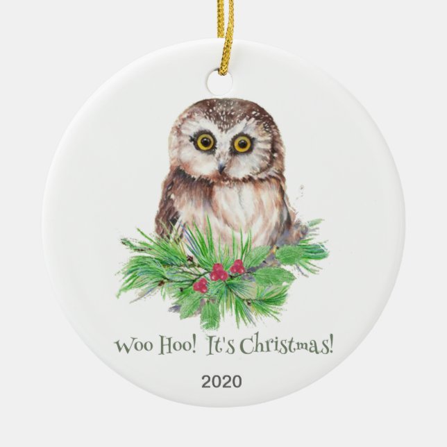 Christmas Humor Quote Cute Owl Bird Ceramic Ornament (Front)