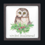 Christmas Humor Quote Cute Owl Bird Keepsake Box<br><div class="desc">Woo Hoo it's Christmas! Humor quote watercolor Owl bird art</div>