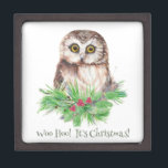 Christmas Humor Quote Cute Owl Bird Keepsake Box<br><div class="desc">Woo Hoo it's Christmas! Humor quote watercolor Owl bird art</div>