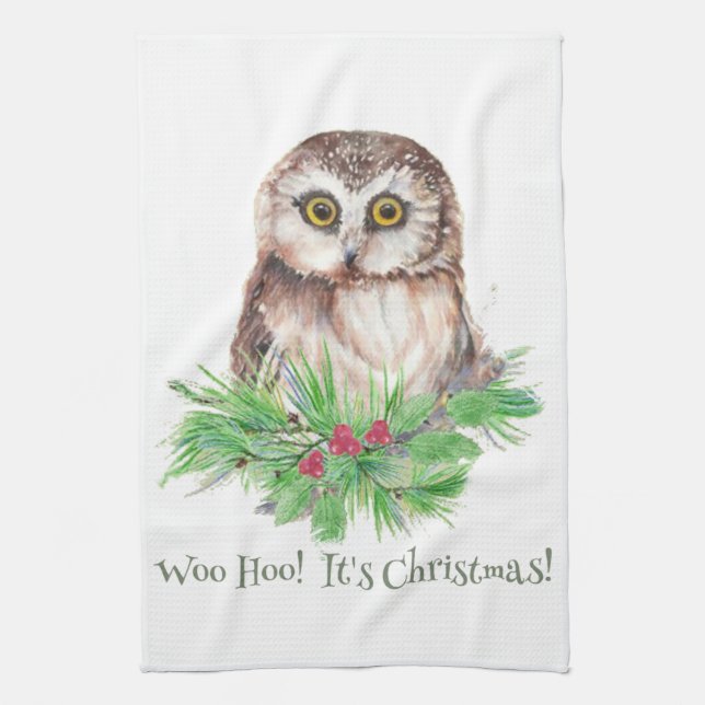 Christmas Humor Quote Cute Owl Bird Kitchen Towel (Vertical)