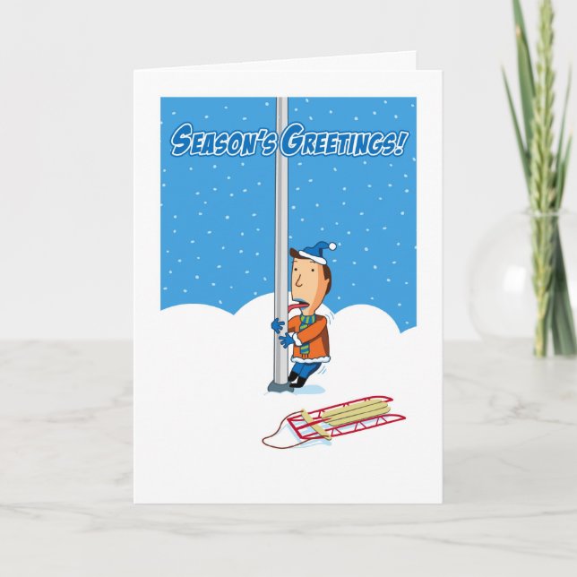 Christmas Humor, Tongue Stuck to Pole Greetings Holiday Card (Front)