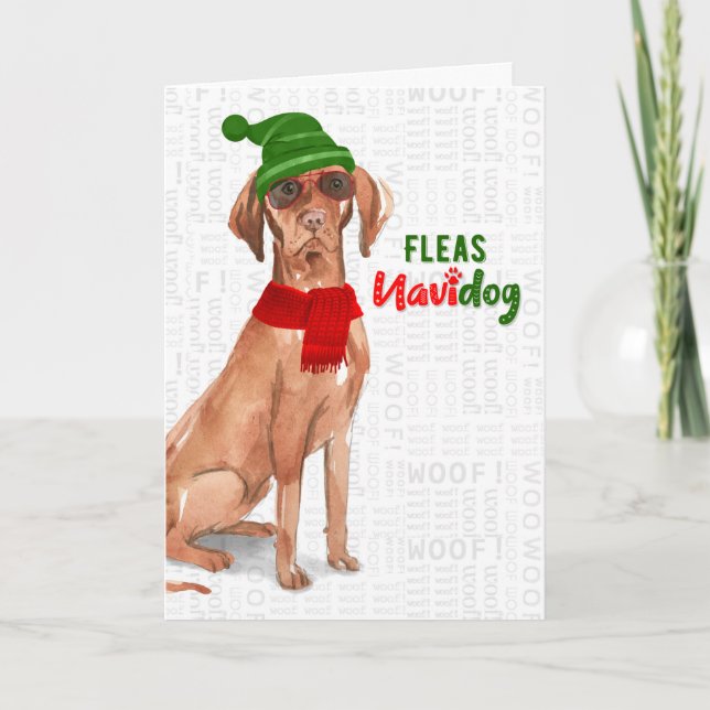 Christmas Hungarian Vizsla Dog Fleas NaviDOG Holiday Card (Front)