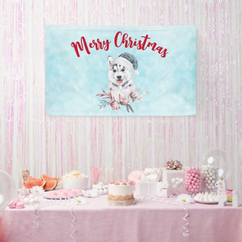 Christmas Husky Dog in a Santa Hat Banner