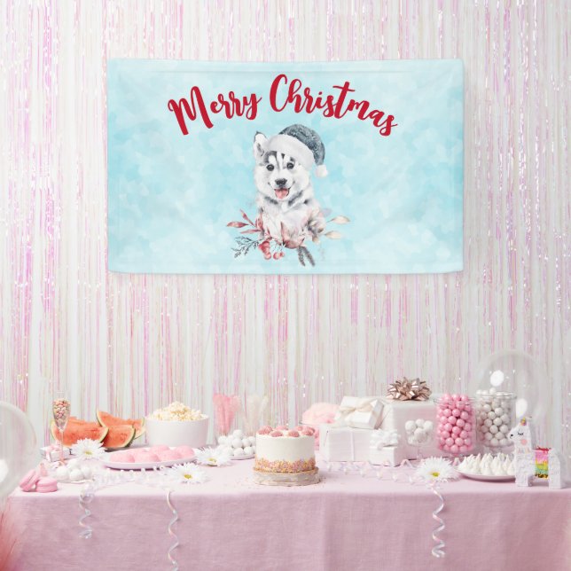 Christmas Husky Dog in a Santa Hat Banner (Party)