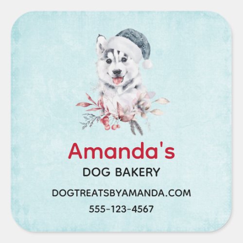 Christmas Husky Dog in a Santa Hat Business Square Sticker