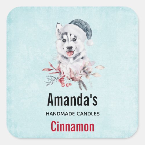 Christmas Husky Dog in a Santa Hat Candle Business Square Sticker