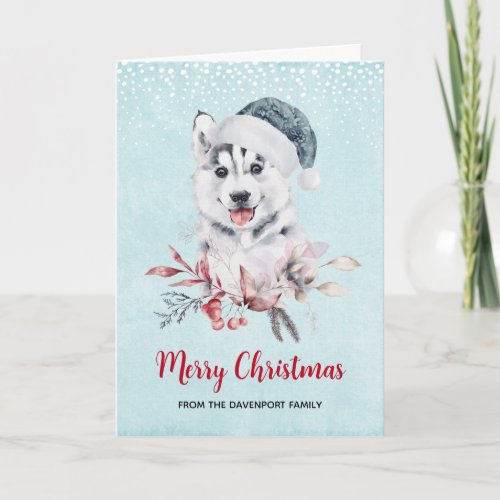 Christmas Husky Dog in a Santa Hat Card