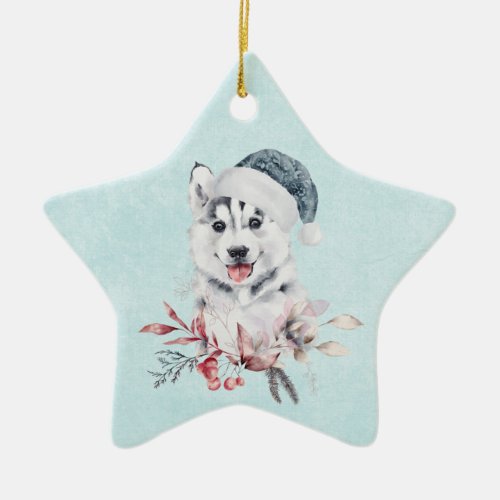 Christmas Husky Dog in a Santa Hat Ceramic Ornament