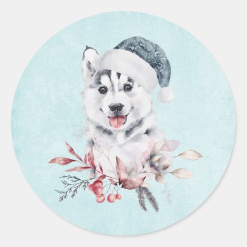 Christmas Husky Dog in a Santa Hat Classic Round Sticker