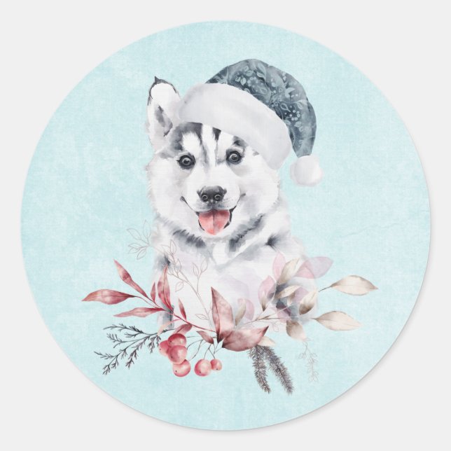 Christmas Husky Dog in a Santa Hat Classic Round Sticker (Front)