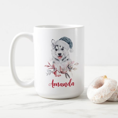 Christmas Husky Dog in a Santa Hat Coffee Mug