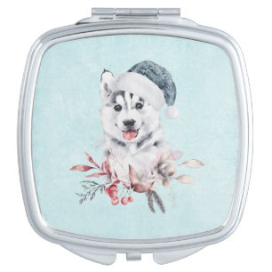 Christmas Husky Dog in a Santa Hat Compact Mirror