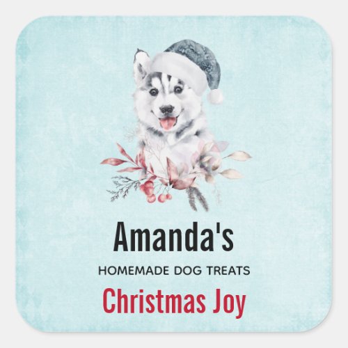 Christmas Husky Dog in a Santa Hat Dog Treat Square Sticker