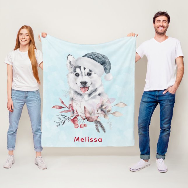 Christmas Husky Dog in a Santa Hat Fleece Blanket (In Situ)