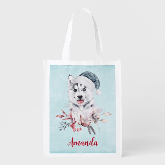 Christmas Husky Dog in a Santa Hat Grocery Bag (Front)