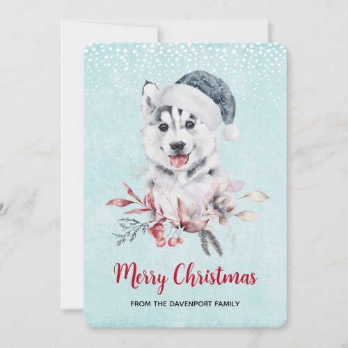 Christmas Husky Dog in a Santa Hat Holiday Card