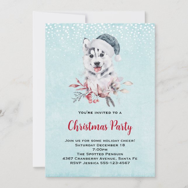 Christmas Husky Dog in a Santa Hat Invitation (Front)