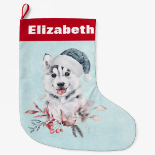 Christmas Husky Dog in a Santa Hat Large Christmas Stocking