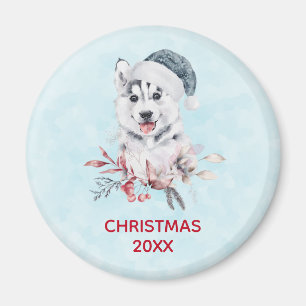Christmas Husky Dog in a Santa Hat Magnet