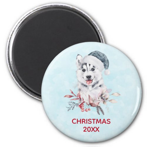 Christmas Husky Dog in a Santa Hat Magnet