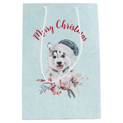 Christmas Husky Dog in a Santa Hat Medium Gift Bag