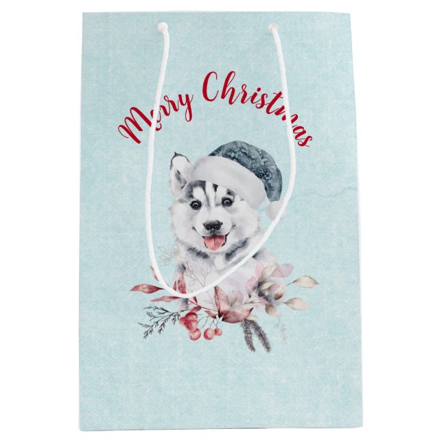Christmas Husky Dog in a Santa Hat Medium Gift Bag (Front)