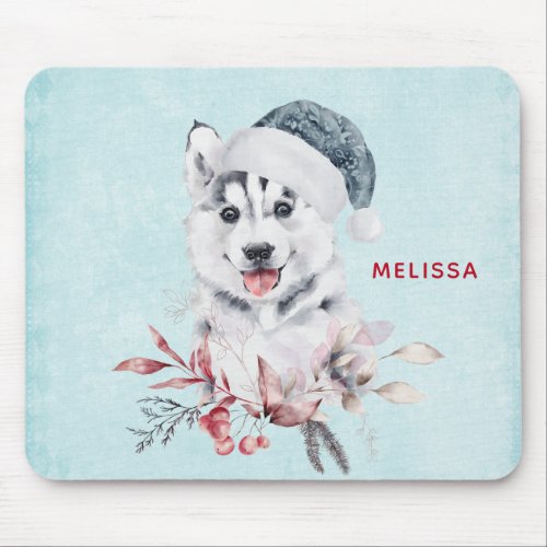 Christmas Husky Dog in a Santa Hat Mouse Pad
