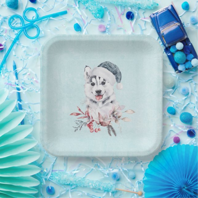 Christmas Husky Dog in a Santa Hat Paper Plates (Party)
