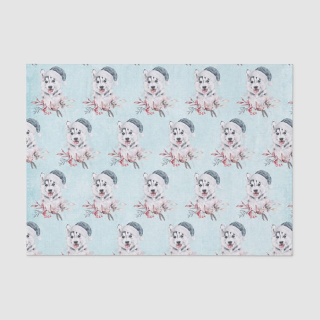 Christmas Husky Dog in a Santa Hat Patterned Tissue Paper (Front)