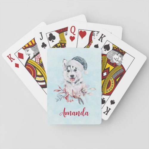 Christmas Husky Dog in a Santa Hat Playing Cards