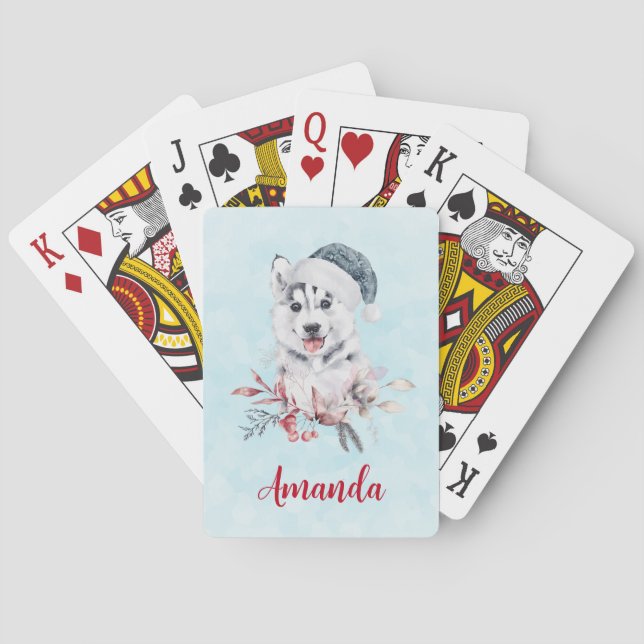 Christmas Husky Dog in a Santa Hat Poker Cards (Back)