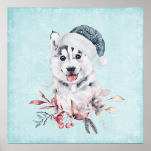 Christmas Husky Dog in a Santa Hat Poster