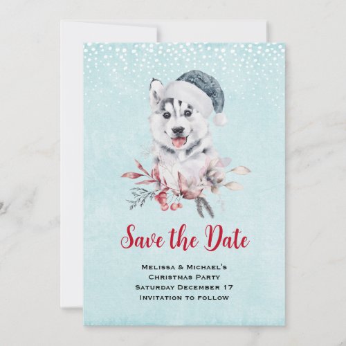 Christmas Husky Dog in a Santa Hat Save The Date