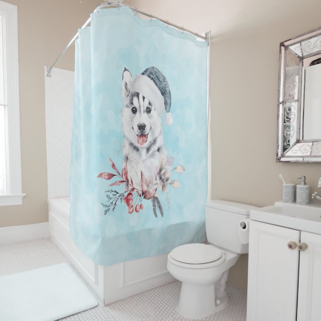 Christmas Husky Dog in a Santa Hat Shower Curtain (In Situ)